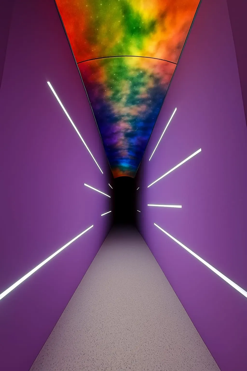 Lila Gang mit Lichtstreifen an den Wänden und einem bunten Sternenhimmel an der Decke